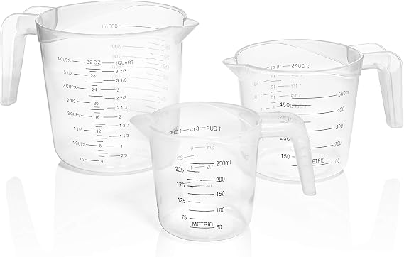 3pc Liquid Measuring Cups Set - 1 Cup, 2 Cup, 1 Quart | Clear Plastic Measure Cups with Long Handles | 1 Cup, 2 Cup, 1 Quart Clear Plastic Measure Cups with Long Handles