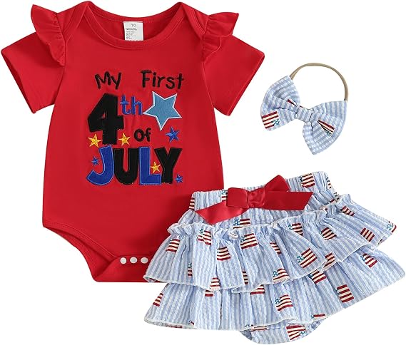 My First 4th of July Baby Girl Outfit Newborn Short Sleeve Embroidery Romper Striped Ruffle Tutu Skirt Headband Set