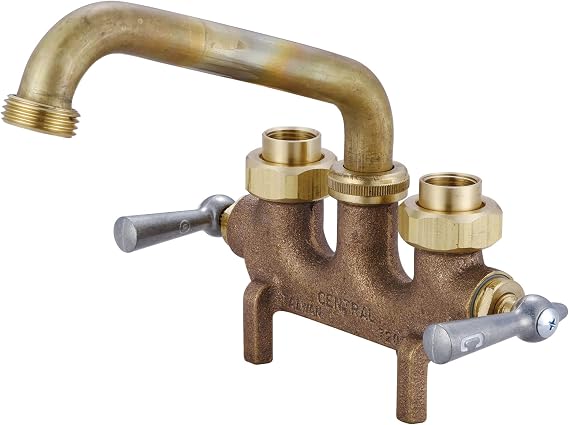 Central Brass Two Handle Laundry Faucet Heavy Duty Rough Brass 6" wall Mounted Reach Tube Swivel Spout, 0465