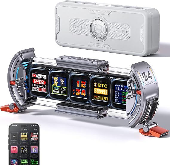 Divoom Times Gate - Cyberpunk Gaming Setup Digital Alarm Clock, Smart APP, WiFi Connect, RGB LED Display, Personalized Financial & Bitcoin Dashboard, Pixel Art for Gaming Room & Office Decor, Silver