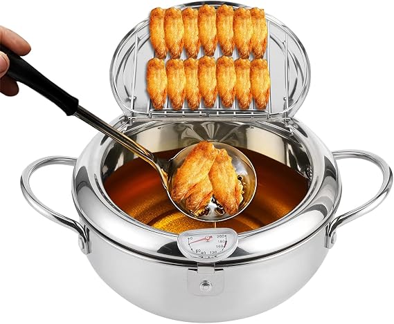Deep Fryer Pot, Japanese Tempura Deep Fryer Stainless Steel Frying Pot With Thermometer, Mini Stainless Steel Frying Pot for French Fries Shrimp Chicken Wings and Shrimp(24cm)