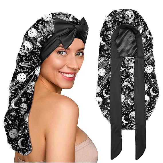 Silk Long Satin Hair Braid Bonnet for Sleeping Adjustable Double Layer Elastic Reusable Long Hair Caps Cute Aesthetic for Women Girls-Star