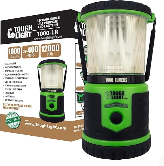 Tough Light USB Rechargeable Camping Lantern, 1000 Lumens LED Lantern, Tent Lamp, 12000mAh Power Bank, 400 Hour, 7 Modes, Candle Feature, for Outdoors & Emergency