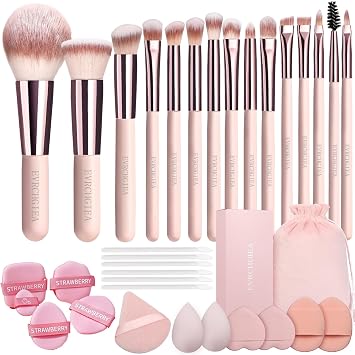 15pcs Travel Makeup Brushes Foundation Powder Concealers Eye Shadows Travel Mini Makeup Brush Set with 12pcs Puff, Sponge and Bag (pink)