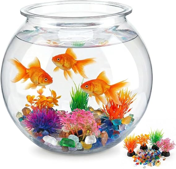 Plastic Aquarium for Fish, 1 Gallon Round Plastic Fish Bowl with 5 Decorative Plants and 8.8oz Color Stones, Clear Lightweight Small Fish Tank, Table Centerpiece, and Home Decoration