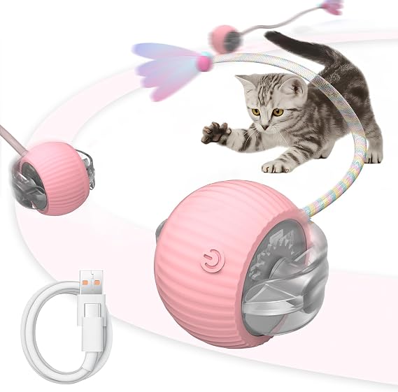 Interactive Cat Ball Toy Active Smart Rolling Balls Automatic Kitten Toys with Elastic Mesh Tail Rechargeability Motion Activated Pet Ball for Indoor Cats