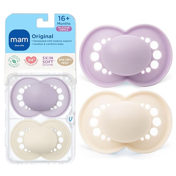 MAM Original Baby Pacifier 16+ Mths, Skin Soft Silicone Nipple, 2 Pack