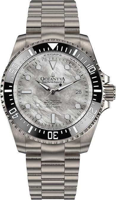 OceanevaTM Men's Deep Marine Explorer II 1250M Titanium Watch White Mother Of Pearl Diver Watch - 42 mm Screw Down Case Back - 1250M Water Resistance - Gold Plated Swiss Made Automatic Movement Watches