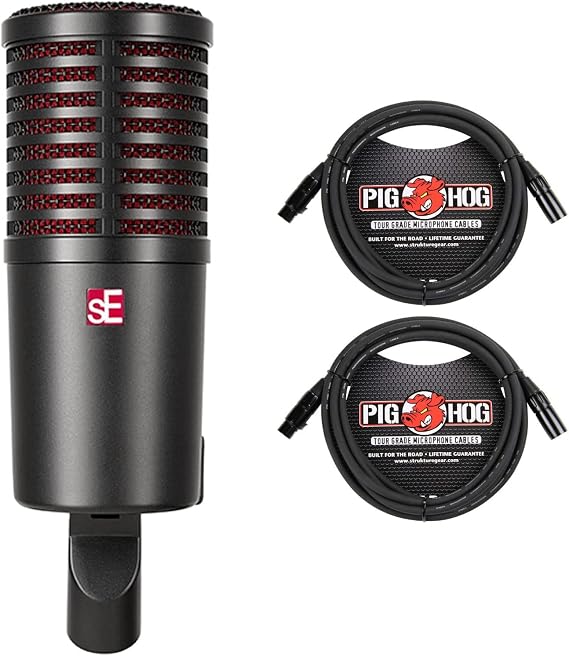 sE Electronics Dynacaster Dynamic Broadcast Microphone - Bundle with 2 Pig Hog XLR Cables