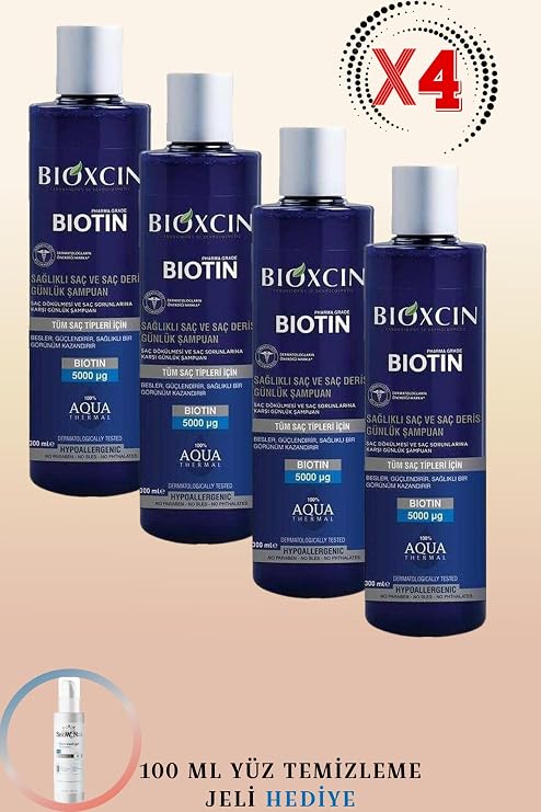 Bioxcin Biotin İçeren Şampuan 300ml 4 Adet + 100ml Yüz Temizleme Jeli Hediye