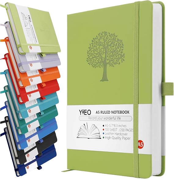 A5 Journal Notebook, 200 Pages Leather Notebook Journal for Men/Women, Hardback Note Book with 80GSM Lined Paper, No Bleed for Writing, Notepad for Office School Supplies, Green