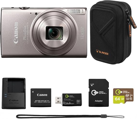 Canon PowerShot ELPH 360 HS Digital Camera Bundle with 64GB microSD Card, SD Adapter, USB Card Reader, Slinger Hardshell Camera Case, Battery & Charger (Silver)