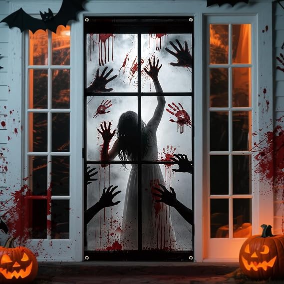 Halloween Door Cover, 79 * 35inch Scary Zombie Hands Halloween Door Decorations Reusable Creepy Zombie Sign Banner for Halloweens Haunted House Props Front Doors Wall Party Decor