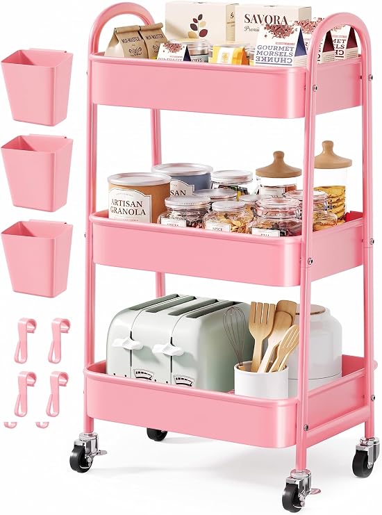 3 Tier Rolling Storage Cart Metal with Wheels, Pink Three Tiered Craft Cart