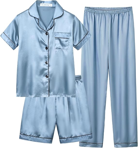 Little Big Girls Satin Pajamas Summer Short Sleeve and Pants Button Down Silky PJS 3PCS Sleepwear Set Size 8-16