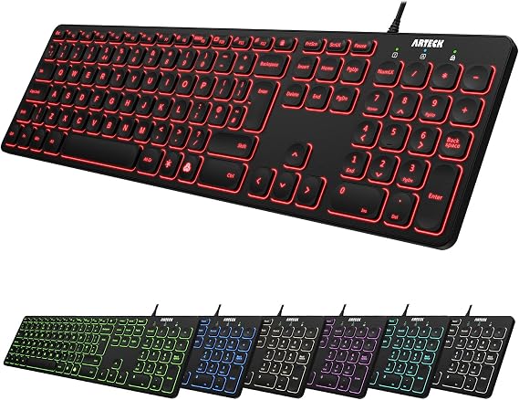 Arteck USB Wired Keyboard Universal Backlit 7-Colors & Adjustable Brightness Full Size Keyboard with 1.8M Wire, Numeric Keypad and Media Hotkey for Computer Desktop PC Laptop and Windows 11 10 8 7