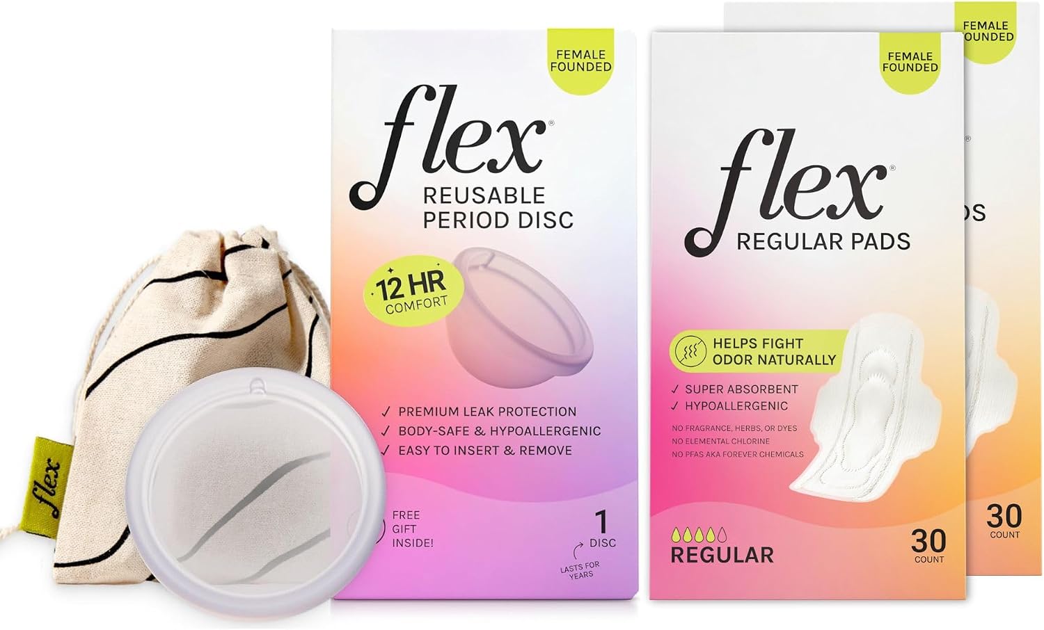 FLEX Reusable Menstrual Disc  FLEX Bamboo Pads 2-Pack, 60 Pads | Eco-Friendly, Super Absorbent Period Care Bundle