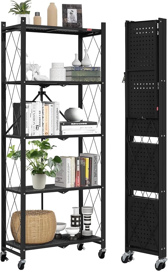 DEANIC 5-Shelf Folding Bookcase with Wheels, Rolling Bookshelf Heavy Duty Storage Shelves, Freestanding Metal Wire Shelving Unit for Living Room, Office, Kitchen, Basement, Pantry (Black)