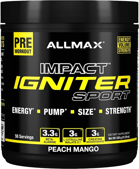 ALLMAX IGNITER Sport Pre-Workout Powder, Peach Mango, 320 g, 50 Servings