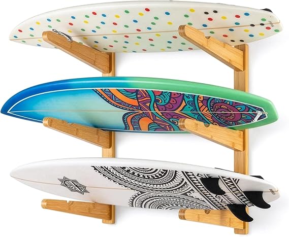 Board Timber Surfboard Wall Rack, Holds 3 Surfboards, Wood Home Storage Mount System, Skateboard Rack for Wake, Surf, Skate and Snowboard Storage made from Sustainable Wood