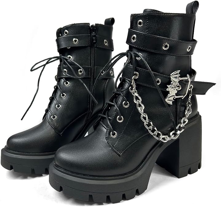 FOREADA Platform Combat Boots for Women Goth Motorcycle Moots Gothic Chunky Heel Ankle Booties Buckle Chain Lace-up Heeled Dress Shoes With Zipper