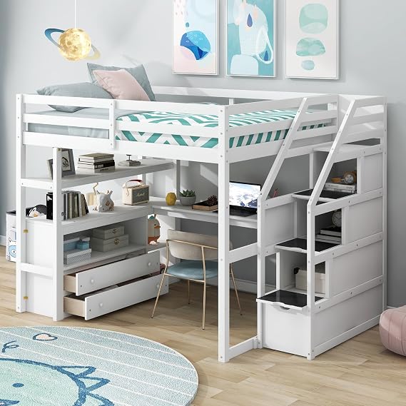 Spe-Saving Full Size Loft Bed with Desk, Shelves, Drawers, and Storage Stairs in Elegant Finish