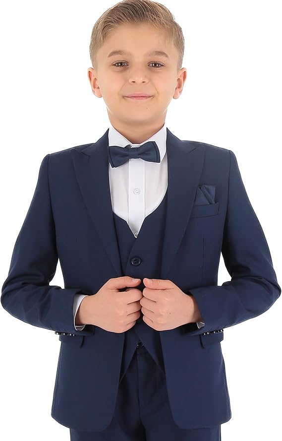 Boys Slim Fit Wedding Suits, Herringbone Textured Formal 8 Piece Complete Outfit Set