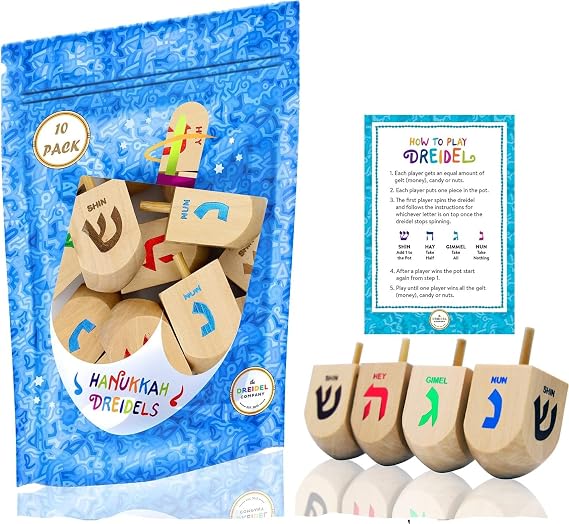 Hanukkah Dreidel 48 Extra Large Wooden Dreidels Hand Painted 3 Inches - Includes Game Instruction Cards