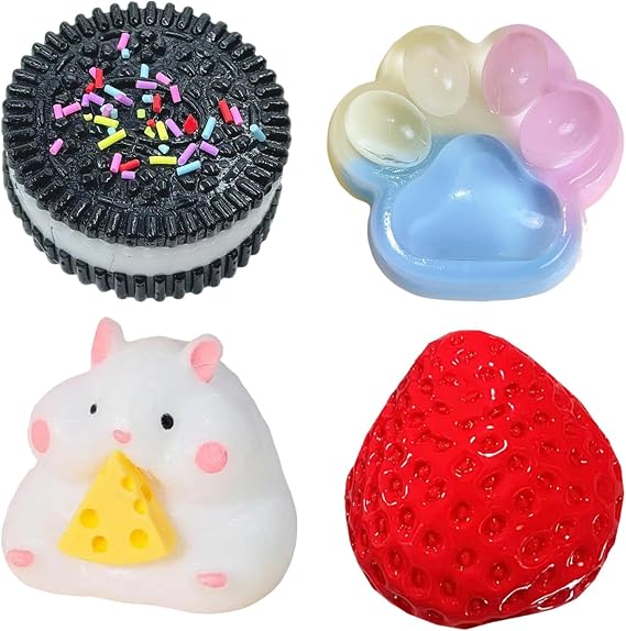 4Pcs Squishy Toys Set - Sensory Fidget Stress Relief Mini Squishies Toy | Squishy fidget toys set: hamster, strawberry, cat paw, biscuit. Soft, slow-rising. Portable pocket size.
