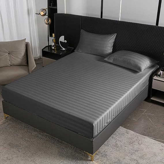 ZIQINPSQ Sateen Striped Fitted Sheet Twin Size, Soft Brushed Microfiber 15 Deep Pocket, 360 Elastic All-Round Wrap, Hotel Luxury Breathable Bed Cover - Dark Gray, No Pillowcases
