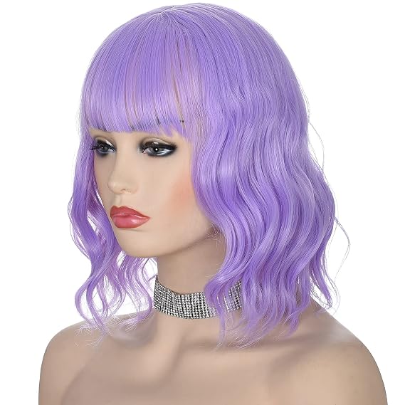 morvally Purple Wigs for Women Light Purple Wig with Bangs Short Lavender Wavy Synthetic Hair Bob Wigs for Womens Daily Wear 12 Inch
