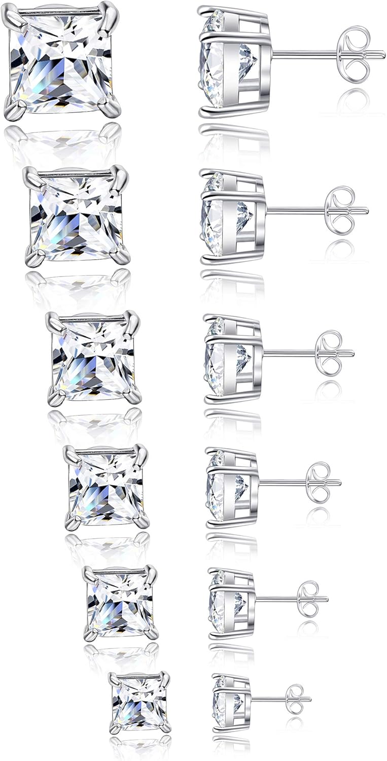 Tornito 6 Pairs 20G Stainless Steel Stud Earrings Square Cubic Zirconia Earring Set For Men Women 3MM-8MM Silver Tone