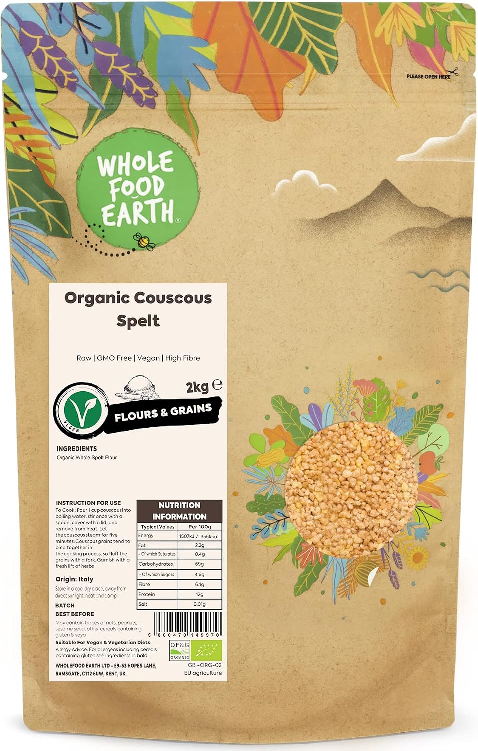 Wholefood Earth Organic Couscous Spelt – 2 kg | Raw | GMO Free | Vegan | High Fibre | Certified Organic