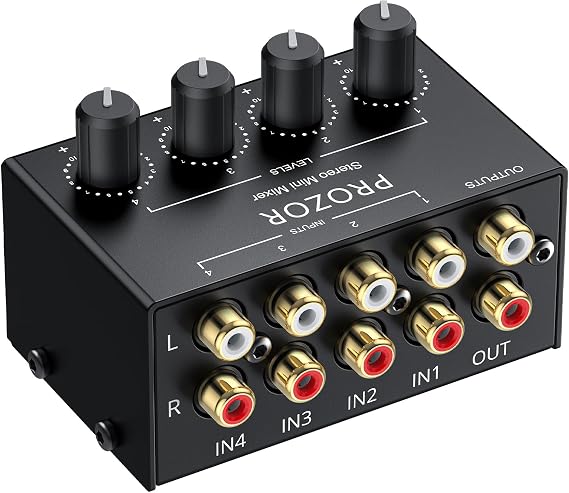 PROZOR 4-Channel Stereo Audio Mixer, RCA Input Independent Volume Controls | RCA Input and Output Mixer with Volume Adjustment, Full Metal Shell, No Power Required for DJ and Home Theater