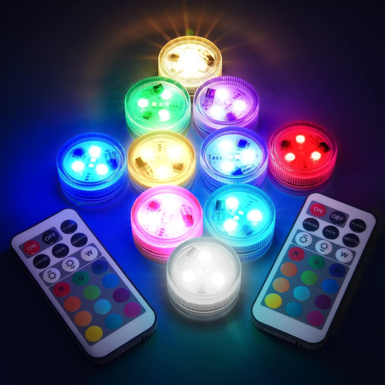 LUXJET Small Submersible LED Lights with Remote, Pool Lights for Party Events, Waterproof LED Tea Lights for Vase Fishtank Wedding Halloween Christmas Decoration Colourful, 10-Pack [Energy Class A]