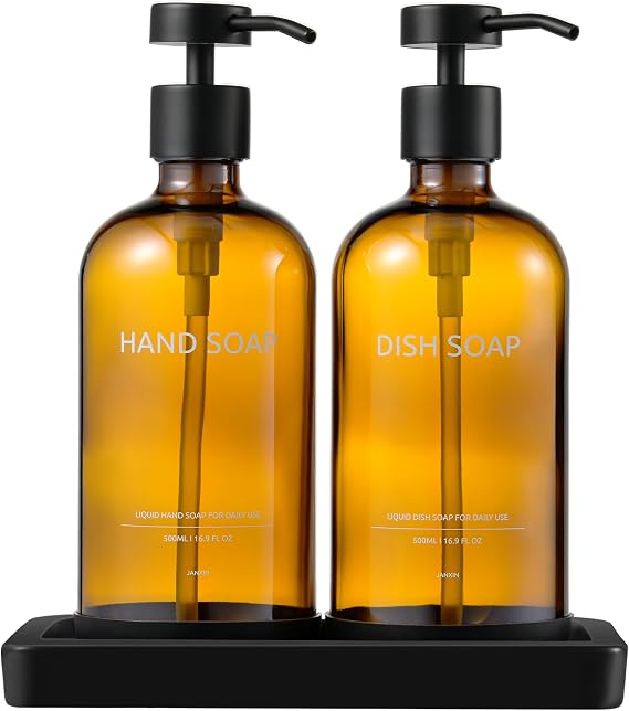 Glass Kitchen Soap Dispenser Set with Ceramic Tray