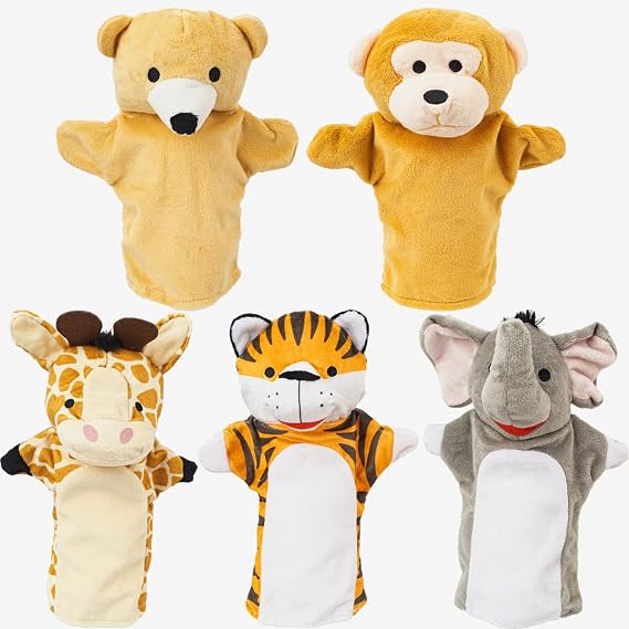 Yolococa Plush Animal Hand Puppet Set, 5-Pack Bear, Monkey, Giraffe, Tiger, and Elephant Puppets for Storytelling, Classroom Play and Gifts