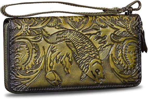 Genuine Leather Wallet Women's Zip Around Wristlet Long Purse Vintage Embossing Cowhide Capacity Handmade Clutch (Green)