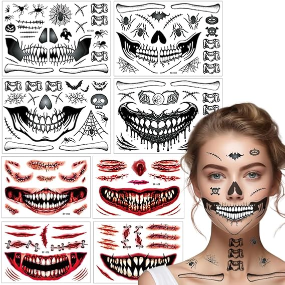 Halloween Makeup Temporary Halloween Tattoos Stickers Prank Chucky Witch Fake Face Decals Zombie Makeup Scar Skeletons Cosplay Tattoos DIY Eye Women Adult Mouth Clown Makeup Kit Party