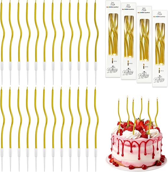 24-Pack 15CM Long Twisted Gold Spiral Birthday Candles with Holders, Metallic Thin Cake & Cupcake Candles Topper for Birthday Wedding Party Anniversary Graduation Celebrations (Gold)