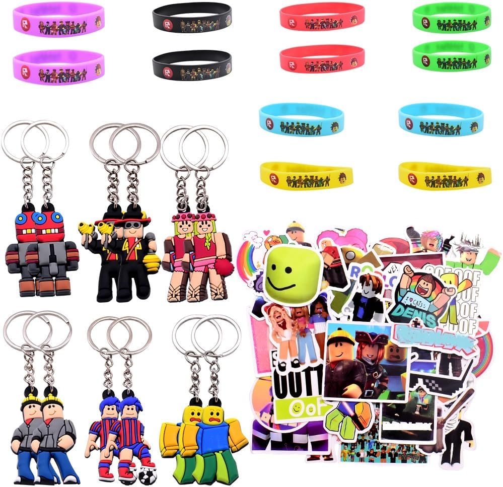 FISAPBXC R-oblox Party Pout Toy Set includes 12 Robot Silicone Bracelets 50 Robot Stickers 12 Robot Keychain for Childrens Birthday Party Decoration Props Party Accessories