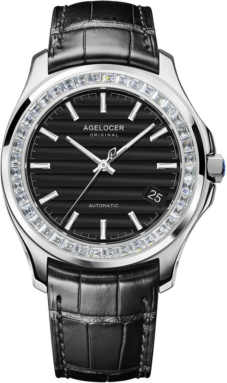 Agelocer Mens Diamond Automatic Date Watch Top Brand Sport Mechanical Waterproof Fashion Leather Buckle Luminous Watch, WH:6302E1