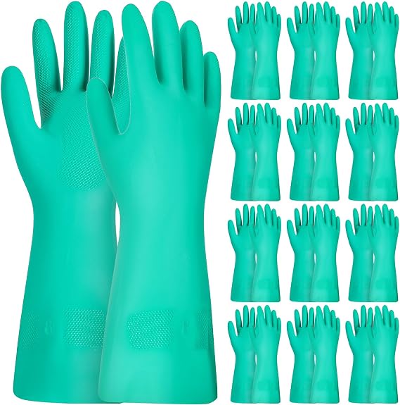 12 Pairs 13.2"5.9" Rusable Nitrile Chemical Resistant Gloves, Heavy Duty Rubber Work Cleaning Gloves, Acid Alkali Oil Protection for Industrial and Household Use, Medium