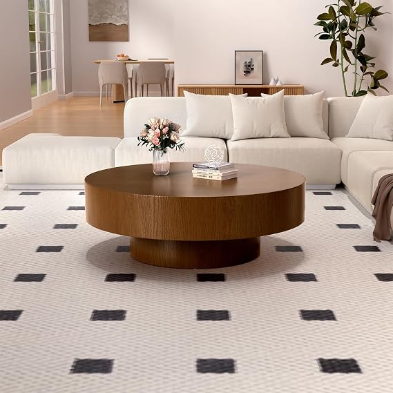 Modern Unique Round Drum Coffee Table, Round Coffee Tables Wood, Fluted Circle Accent Center Table with Sturdy Pedestal for Small Space Living Room
