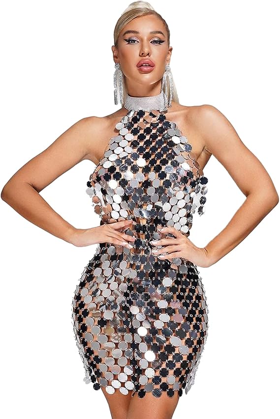 BELLA BARNETT Sparkly Dress Midi Mesh Dress Club Dress Sexy Party Dress Bodycon Dress Backless Homecoming Dress