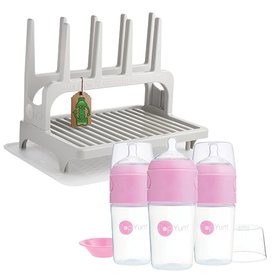 PopYum 9 oz Pink Formula Making Baby Bottle 3-Pk with Gray Drying Rack & Clear Drying Mat Bundle