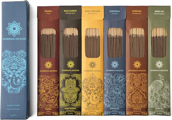 Jembrana Incense Sticks Variety Pack 6 Scents (144 Sticks Total) | 24 Sticks Each, Lotus (Padma), Sandalwood, Gardenia, Maha Triloka, Raja Harum & Dewi Sai (Amber)