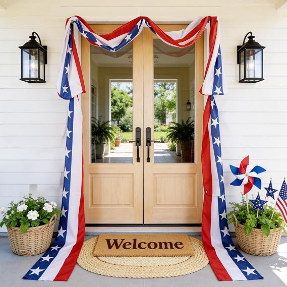 4th of July Decorations - 2 Pack 2x20 FT Patriotic Decorations Bunting Flags with Ribbon Ties - Fourth of July Deals Red White and Blue Independence Day 250th Anniversary Banner Indoor Outdoor Decor