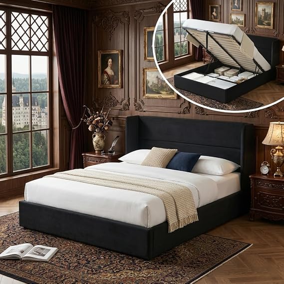 Full Lift Up Storage Bed Frame, Modern Wingback Headboard, Black | QNZK Velvet Upholstered Platform Bed, Hydraulic Support & Underneath Storage, No Box Spring Needed, Easy Assembly