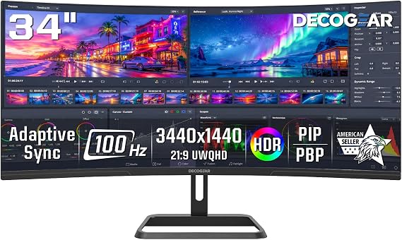 Deco Gear 34-Inch Business Curved Super UltraWide WQHD Monitor 3440 1440 R1500 100Hz 1ms 100% sRGB HDR 2 DisplayPort 2 HDMI Tilt Adjustable PIP/PBP Low Blue Light, American Seller